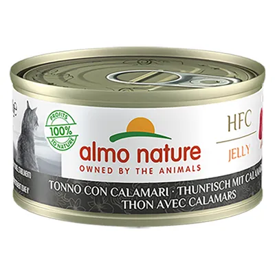 Boîte de nourriture pour chat almo nature HFC Jelly, thon avec calamars. Texte visible : Profits 100 % to nature, owned by the animals.
