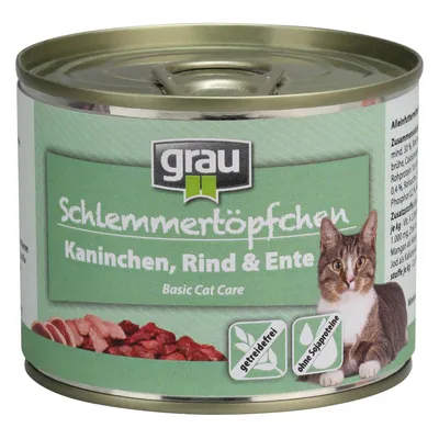 grau Schlemmertöpfchen Kaninchen, Rind & Ente kattenvoer, Basic Cat Care, graanvrij, zonder soja-eiwitten. Blik met afbeelding van kat en vleesstukken op het etiket.