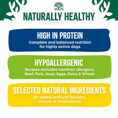 High in protein, hypoallergenic with no beef, pork, soya, eggs, dairy or wheat, and made with selected natural ingredients without artificial flavours, colours or antioxidants.