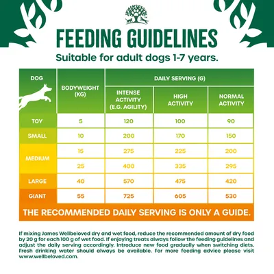 Feeding guidelines for adult dogs 1-7 years by bodyweight and activity level. Daily serving in grams ranges from 90g to 725g depending on size and activity. Servings are a guide only.