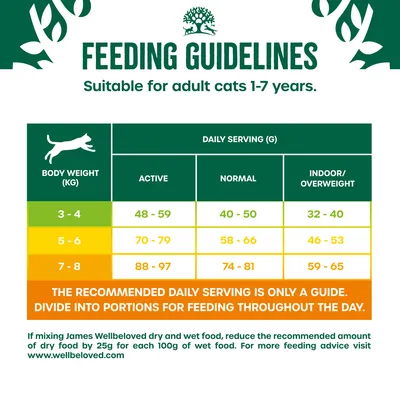Feeding guidelines for adult cats 1-7 years: daily serving in grams by body weight and activity. 3-4kg: 48-59g active, 40-50g normal, 32-40g indoor. 5-6kg: 70-79g, 58-66g, 46-53g. 7-8kg: 88-97g, 74-81g, 59-65g.