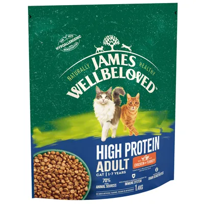 James Wellbeloved high protein adult cat food for ages 1-7 years, made with chicken and turkey, 70% animal sources, supports immune system, suitable for grain sensitivities, 1.4kg pack.