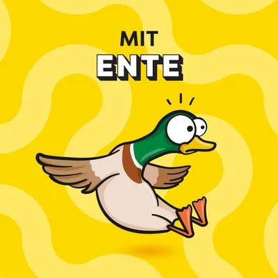Mit Ente. Illustration einer fliegenden Ente vor gelbem Hintergrund mit geschwungenen Mustern.