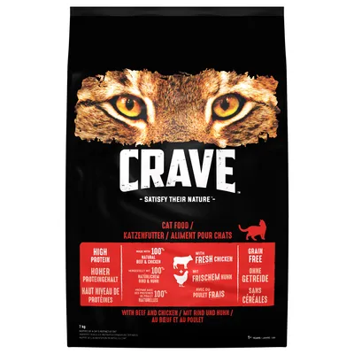 Crave cat food with high protein, made with 100% natural beef and chicken, contains fresh chicken, grain free. Suitable for cats aged 1 year and above.