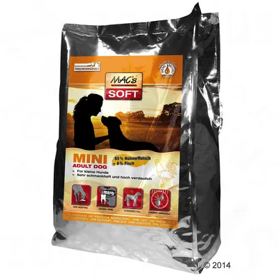 Sac de croquettes MAC's Soft MINI Adult Dog, 65 % Hühnerfleisch + 6 % Fisch, Für kleine Hunde, Sehr schmackhaft und hoch verdaulich. Texte et pictogrammes en allemand visibles.