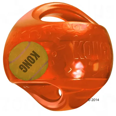 Orange ball toy with handle openings and a visible tennis ball inside, both marked with the word KONG.