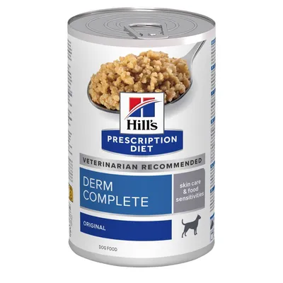 10 kg /12 kg Hill's Prescription Diet + 3 x 370 g / 360 g / 350 g hozzáillő nedvestáp ingyen! - 12 kg Derm Complete száraztáp + 3 x 370 g nedvestáp