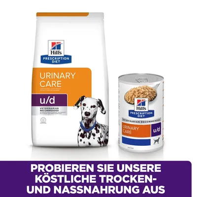 Hill's Prescription Diet Urinary Care u/d Trocken- und Nassnahrung für Hunde. Veterinär empfohlen. Probieren Sie unsere köstliche Trocken- und Nassnahrung aus.