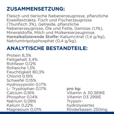 Zusammensetzung: Fleisch, tierische Nebenerzeugnisse, Fisch, Getreide. Analytische Bestandteile: Protein 8,3%, Fettgehalt 3,4%. Zusatzstoffe pro kg: Vitamin A 30.389 IE, Vitamin D3 299 IE.