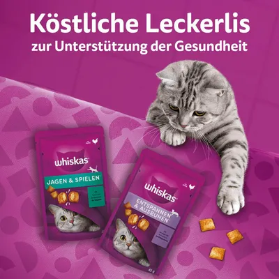 Whiskas Leckerlis: Jagen & Spielen mit Huhn, Entspannen & Ausruhen mit Huhn. Köstliche Leckerlis zur Unterstützung der Gesundheit. Katze neben Verpackungen und Snacks.