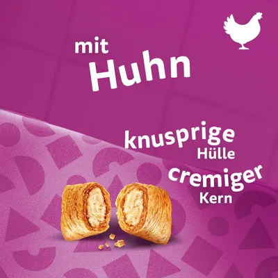 Mit Huhn, knusprige Hülle, cremiger Kern. Abbildung eines Snacks mit goldener Teighülle und heller Füllung.