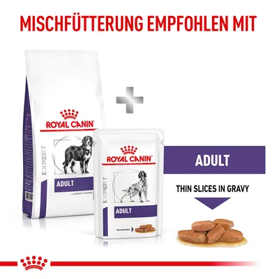Royal Canin Expert Adult za velike pse. Priporočeno mešano hranjenje s suho hrano in tankimi rezinami v omaki.