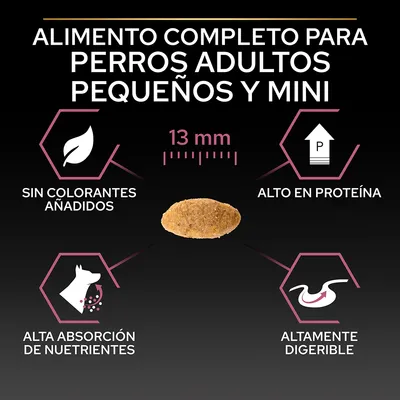 Alimento completo para perros adultos pequeños y mini. Sin colorantes añadidos, alto en proteína, alta absorción de nutrientes, altamente digerible. Croqueta de 13 mm.