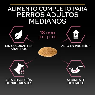 Alimento completo para perros adultos medianos, croqueta de 18 mm. Sin colorantes añadidos, alto en proteína, alta absorción de nutrientes, altamente digerible.