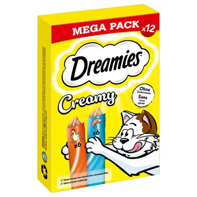 Dreamies Creamy Mega Pack x12, sin azúcares añadidos, sin aromas artificiales. Contiene 6x pollo y 6x salmón. Envase con gato y símbolo de reciclaje.