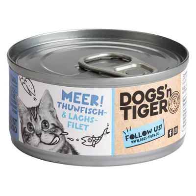 Dogs'n Tiger filet z tuńczyka i łososia. Ilustracja kota i ryb. Uwaga: Follow us! www.dogs-tiger.de. Just Food, naturalne składniki.