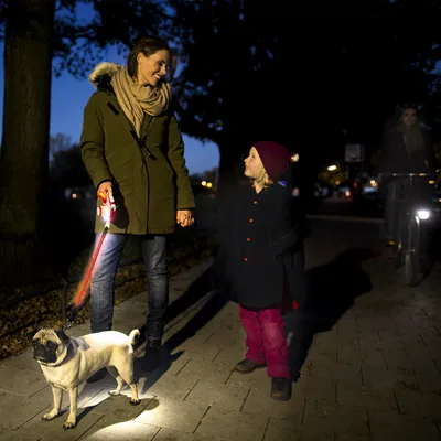 Person using an illuminated retractable lead to walk a dog at night, showing the lead’s built-in light for visibility and safety in low-light conditions.