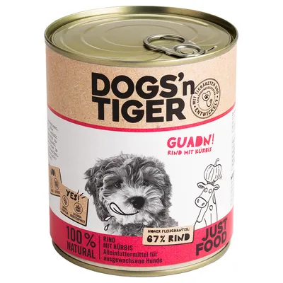 Dogs'n Tiger Rind mit Kürbis, Alleinfuttermittel für ausgewachsene Hunde, hoher Fleischanteil 67%, 100% natural.