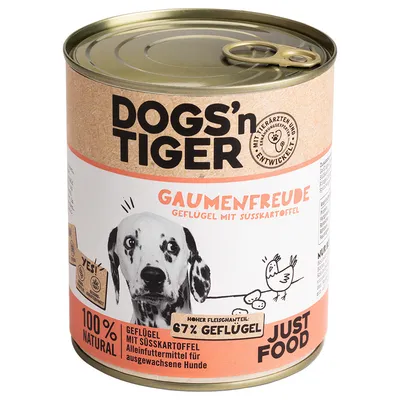 Dogs'n Tiger Gaumenfreude Geflügel mit Süsskartoffel, 67% Geflügel, 100% natural, Alleinfuttermittel für ausgewachsene Hunde.