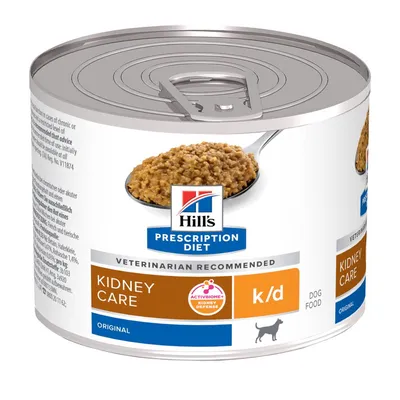 Boîte de pâtée pour chien Hill's Prescription Diet Kidney Care k/d, texte visible : Veterinarian Recommended, ActivBiome+ Kidney Defense, Original.
