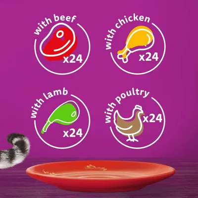 Product contains 24 portions each with beef, chicken, lamb and poultry, shown by icons and text on a purple background.