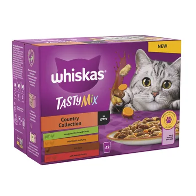 Whiskas TastyMix Country Collection in gravy, 12 pack. Includes lamb, chicken and carrots; chicken and turkey; duck; beef and poultry. Rated and approved by cats.