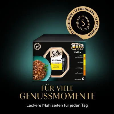 Sheba Selection in Sauce Geflügel Variation, 12 x 85 g, avec poulet et dinde. Texte en allemand : Für viele Genussmomente, Leckere Mahlzeiten für jeden Tag. Emballage noir avec image de chat.