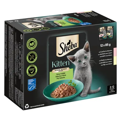 Sheba Kitten Mix Selection, 12×85 g kapsičky pro koťata, s lososem a kuřetem v omáčce. Vhodné pro věk 2–12 měsíců. Na obalu obrázek kotěte a misky s krmivem.