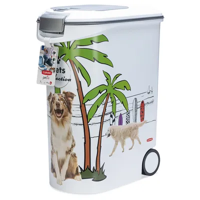 Curver Petlife Futterbehälter mit Strandmotiv, Palmen und Hunden, auf Rollen, mit luftdichtem Deckel.