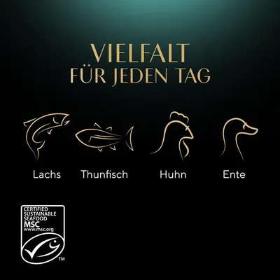 Vielfalt für jeden Tag: Lachs, Thunfisch, Huhn, Ente. Zertifiziert nachhaltige Meeresfrüchte MSC www.msc.org.