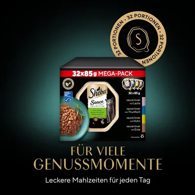 Sheba Sauce Collection Mega-Pack, 32x85g. Feine Vielfalt: Lachs, Thunfisch, Huhn, Ente. Für viele Genussmomente. Leckere Mahlzeiten für jeden Tag.