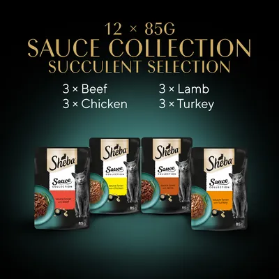Sheba Sauce Collection Succulent Selection, 12×85 g: 3×Beef, 3×Chicken, 3×Lamb, 3×Turkey. Négyféle ízű macskaeledel tasakos kiszerelésben, csomagolás látható.