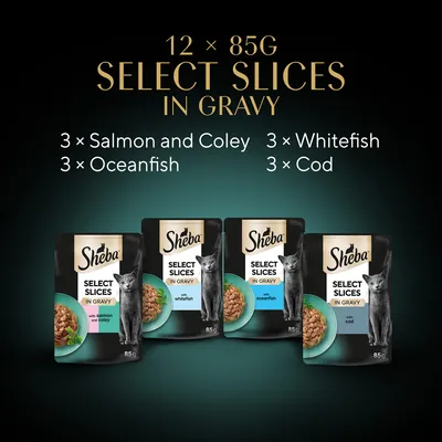 Sheba Select Slices in Gravy 12×85g: 3×Salmon and Coley, 3×Oceanfish, 3×Whitefish, 3×Cod. Négy tasak látható: salmon and coley, whitefish, oceanfish, cod felirattal.