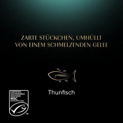 Zarte Stückchen, umhüllt von einem schmelzenden Gelee. Thunfisch. Zertifiziert nachhaltige Meeresfrüchte MSC www.msc.org.