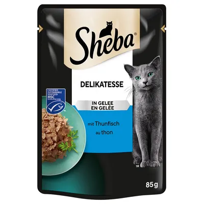 Sheba Delikatesse in Gelee mit Thunfisch, MSC-zertifiziert, 85g. Verpackung zeigt graue Katze und Teller mit Thunfischstücken.