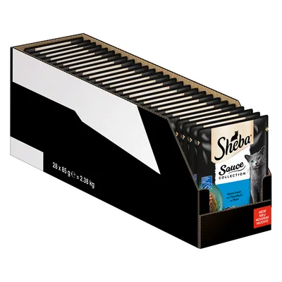 Sheba Sauce Collection, 28 x 85 g, Gesamtgewicht 2,38 kg. Sorten: Sauce Lover mit Thunfisch. Verpackung zeigt Katze und Produktabbildung.