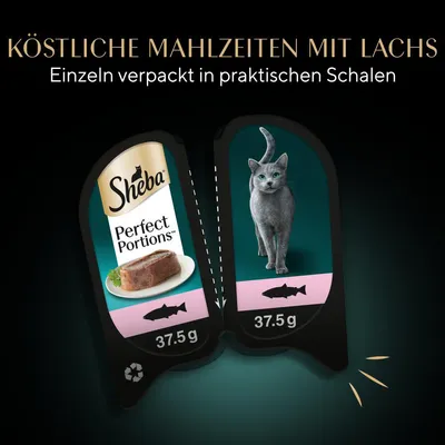 Sheba Perfect Portions mit Lachs, einzeln verpackt in praktischen Schalen, Portionen à 37,5g. Köstliche Mahlzeiten für Katzen.