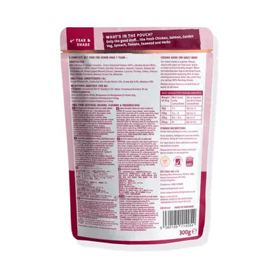 Back of pet food pouch showing ingredients, feeding guide for adult dogs by weight, analytical constituents, and storage instructions. Highlights no artificial colours, flavours or preservatives.