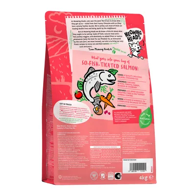Back of pet food bag showing ingredients list, feeding guide table, and product features such as salmon, chicken, egg, vegetables, added vitamins, minerals, taurine, and natural ingredients.