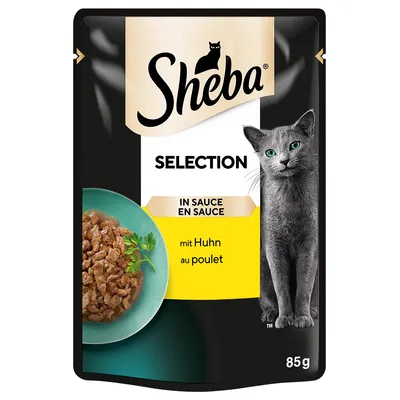 Sheba Selection in Sauce mit Huhn, 85g. Verpackung zeigt Schüssel mit Hühnerstücken in Sauce.