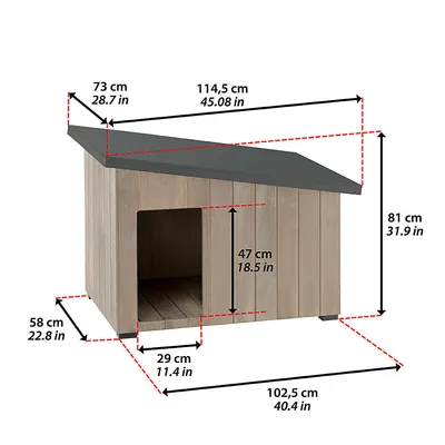 Faház kutyaház méretekkel: magasság 81 cm, szélesség 114,5 cm, mélység 73 cm. Bejárat magassága 47 cm, szélessége 29 cm. Alapterület 102,5 cm x 58 cm.