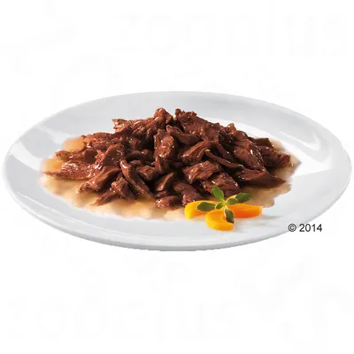 Prim-plan cu bucăți fragede de carne în sos pe o farfurie albă, decorate cu ierburi și felii de morcov.