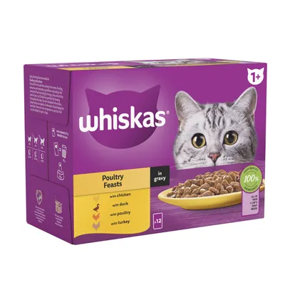 Whiskas Poultry Feasts in gravy, 12 pack. Contains chicken, duck, poultry, and turkey varieties. Suitable for cats aged 1 year and over. Made with 100% high quality ingredients.
