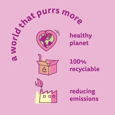 A world that purrs more: healthy planet, 100% recyclable, reducing emissions. Illustrated icons of a heart with Earth, a recycling box, and a factory with a leaf.