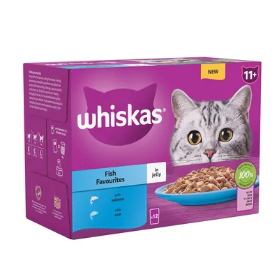Whiskas Fish Favourites in jelly, with salmon and cod, 12-pack. Suitable for age 11+. Contains 100% high quality ingredients. Feeding instructions and portion guide shown.
