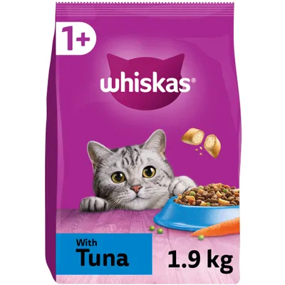 Whiskas 1+ with tuna, 1.9 kg pack, showing food pieces in a bowl and key ingredients including carrot and peas.