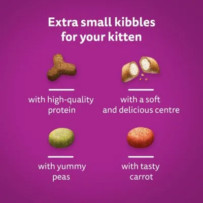 Text på engelska: Extra small kibbles for your kitten. with high-quality protein, with a soft and delicious centre, with yummy peas, with tasty carrot.