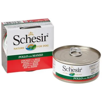Schesir Nature for Dog, pollo con manzo. Scatoletta e confezione visibili con testo multilingue: chicken with beef, poulet avec boeuf, pollo con manzo, Huhn mit Rind, kip met rund.
