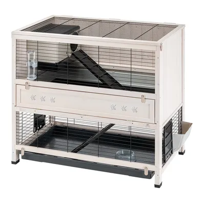 Двуетажна клетка за гризачи с метални решетки, дървена рамка, поилка, купичка и пластмасови тави. Вътрешна рампа между етажите, странично чекмедже.