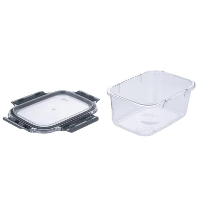 Transparente opbergbox met afneembaar deksel en zijdelingse sluitingen, geschikt voor het bewaren van voedsel of dierenvoer.